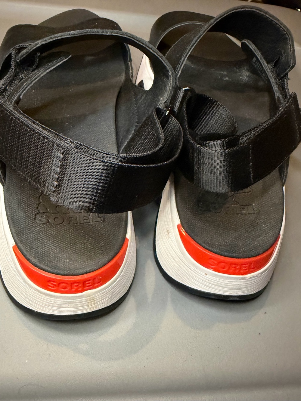 Sorel Black Sandals with Red Heel Accent